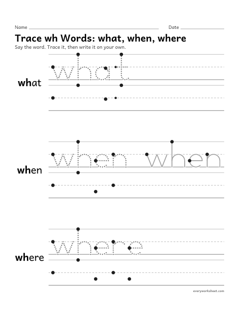 Preview of the printable “Trace wh Words: what, when, where” worksheet: writing words with the wh digraph