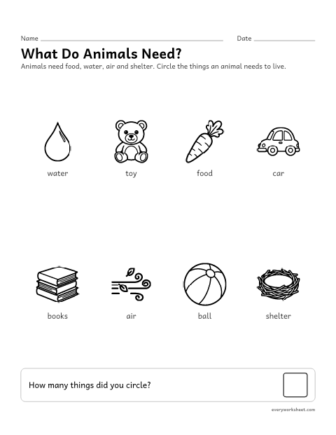 Preview of the printable “What do animals Need? circle” worksheet: telling what animals need to survive