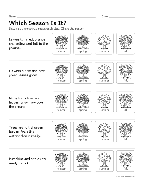 Preview of the printable “What changes in each Season: trees and plants” worksheet: matching changes in trees and plants to the season