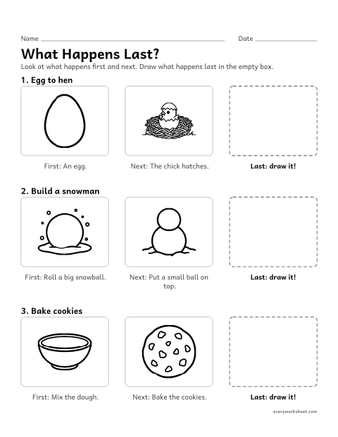 Preview of the printable “What happens Last? draw the ending 1” worksheet: finishing a picture sequence by drawing the last step