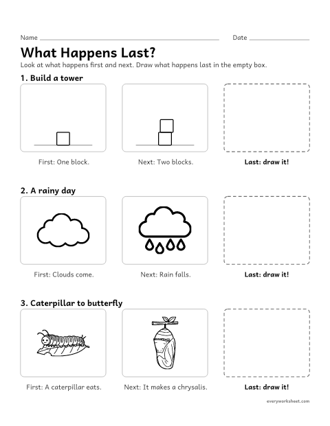 Preview of the printable “What happens Last? draw the ending 2” worksheet: finishing a picture sequence by drawing the last step