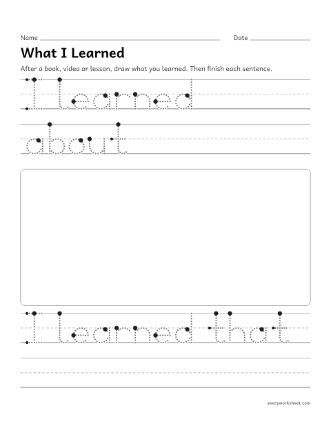 Preview of the printable “What I learned writing page” worksheet: recalling information to tell what was learned