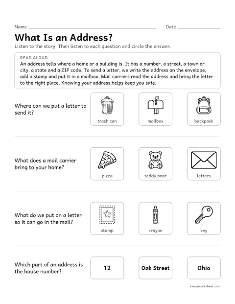 Preview of the printable “What is an Address? Read-Aloud questions” worksheet: explaining what an address is and how mail gets to the right home