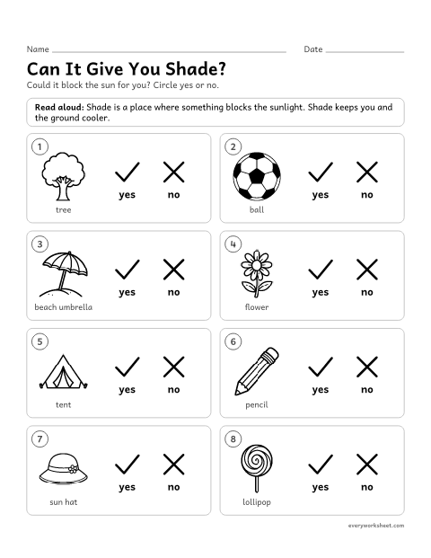 Preview of the printable “What makes shade picture sort” worksheet: finding things that make shade