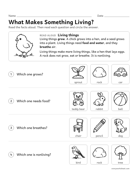 Preview of the printable “What makes something Living? read aloud” worksheet: telling what makes something living
