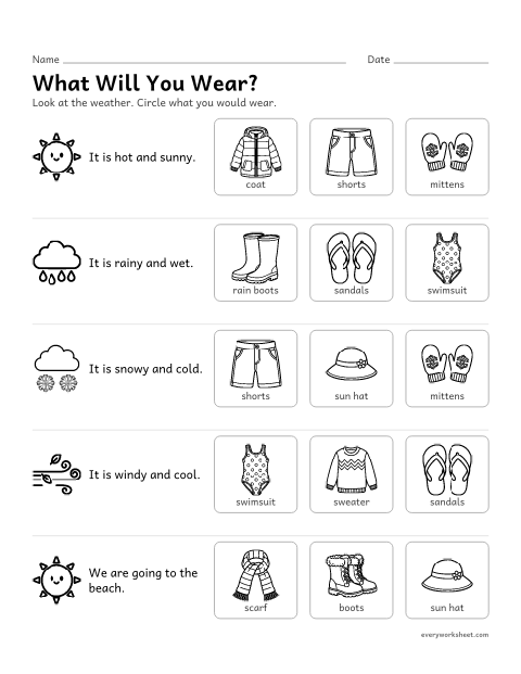 Preview of the printable “What to wear for the weather 1” worksheet: choosing clothes that fit the weather