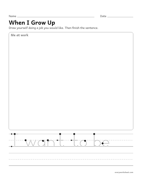 Preview of the printable “When I grow up writing page” worksheet: drawing and writing about a job they would like