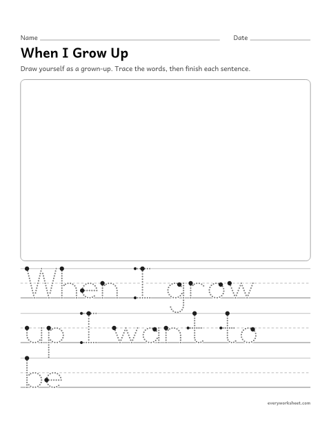 Preview of the printable “When I grow up writing prompt” worksheet: telling what I want to be and why