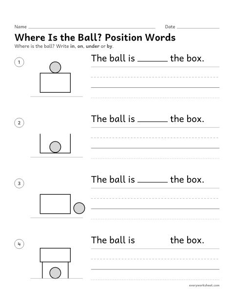 Preview of the printable “Where is the Ball? position words” worksheet: using the position words in, on, under and by