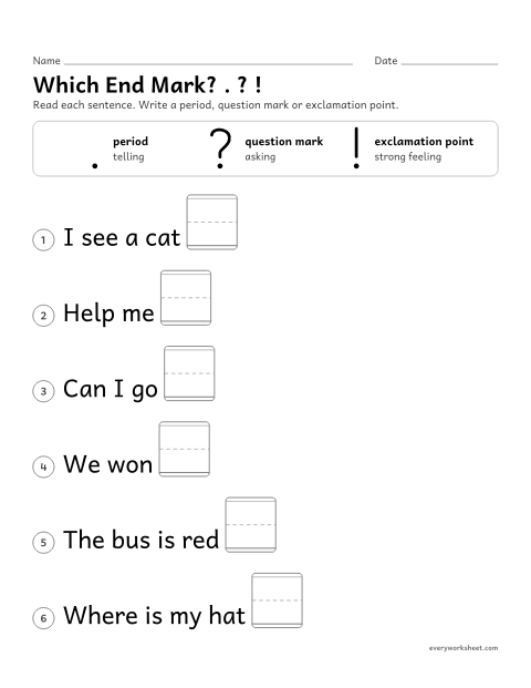 Preview of the printable “Which end Mark? . ? !” worksheet: choosing a period, question mark or exclamation point