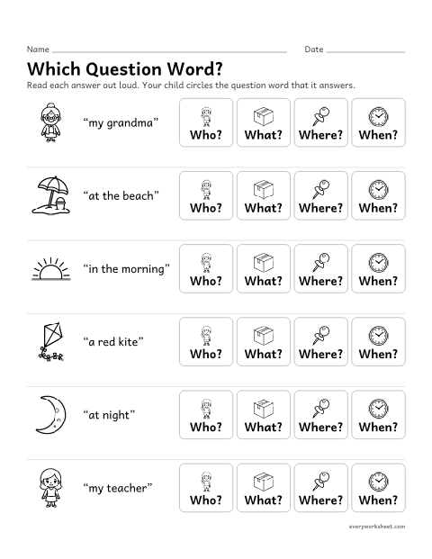 Preview of the printable “Which question Word? Who, What, Where, when 1” worksheet: matching an answer to the question word who, what, where or when