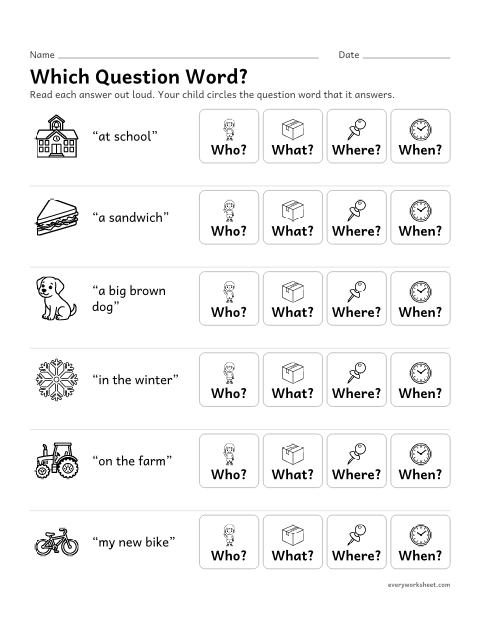 Preview of the printable “Which question Word? Who, What, Where, when 2” worksheet: matching an answer to the question word who, what, where or when