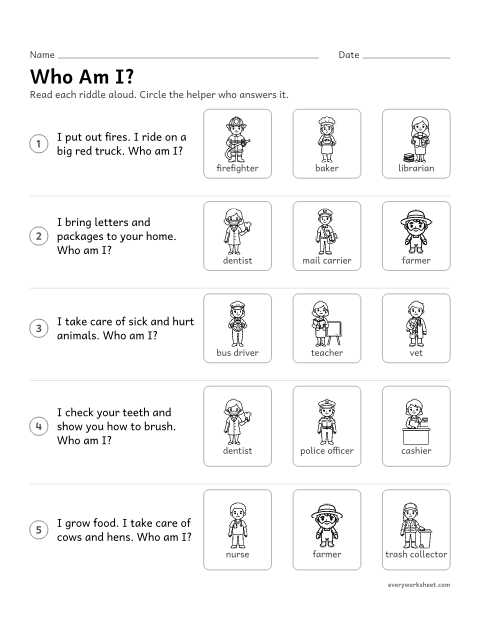 Preview of the printable “Community helpers Riddles: who am I?” worksheet: naming community helpers from clues about their work