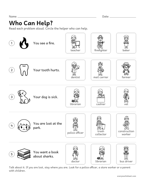 Preview of the printable “Who can Help? community helpers worksheet” worksheet: choosing the community helper who can help with a problem