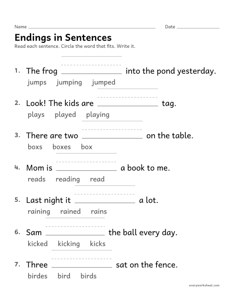 Preview of the printable “Endings in sentences” worksheet: choosing the word with the right ending for a sentence