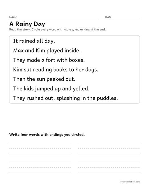 Preview of the printable “Word endings Story: A rainy day” worksheet: finding words with -s, -es, -ed and -ing in a short story