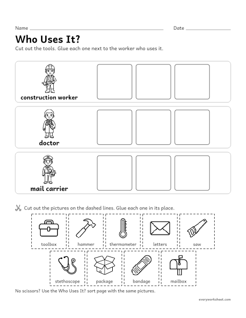 Preview of the printable “Work tools cut and paste” worksheet: sorting tools by the worker who uses them