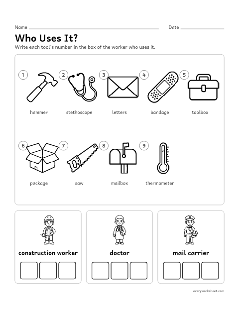 Preview of the printable “Work tools Sort: who uses It?” worksheet: sorting tools by the worker who uses them