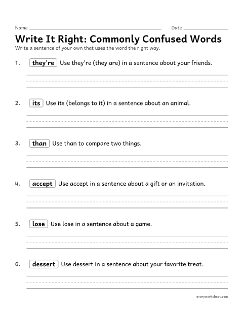 Preview of the printable “Write it Right: commonly confused words” worksheet: writing sentences that use commonly confused words correctly