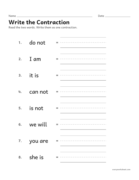 Preview of the printable “Write the contraction” worksheet: writing two words as a contraction