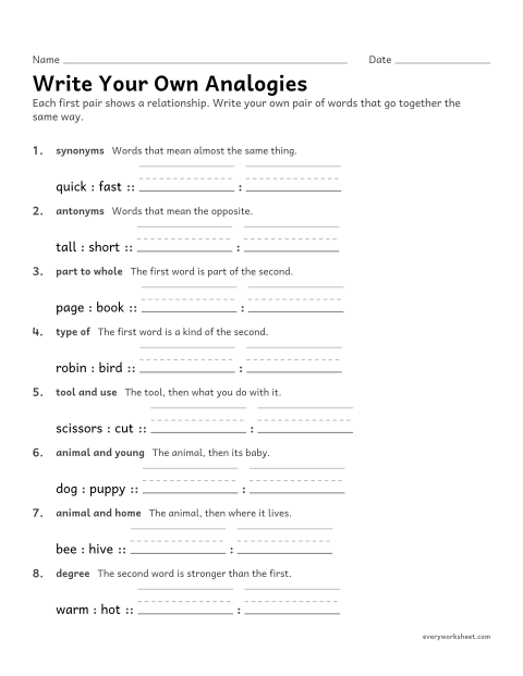 Preview of the printable “Write your own analogies” worksheet: writing a word pair that follows the same relationship as a given pair