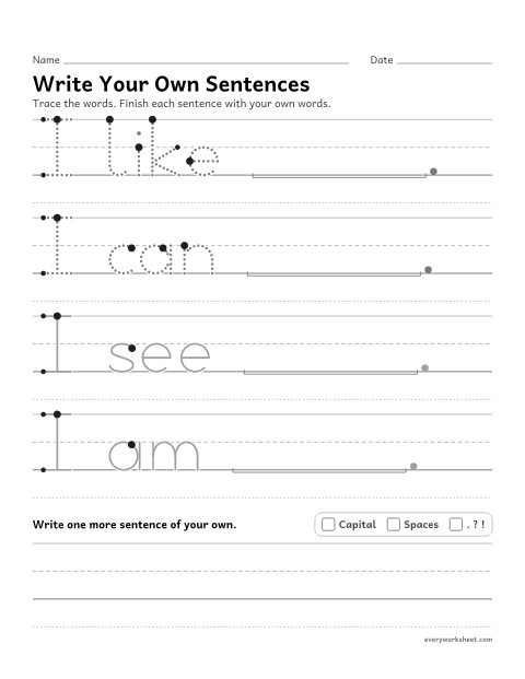 Preview of the printable “Write your own sentences” worksheet: writing complete sentences with sentence starters
